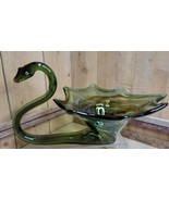 1960s Sooner Art Glass Green Brown Swirl Hand Blown Swan Bowl Planter Ru... - $95.05