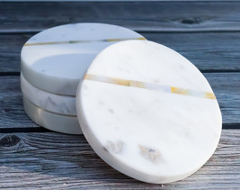 White Banswara Marble with Gold Metal Striped Inlay Accent 4 Piece Coaster Set - £22.37 GBP