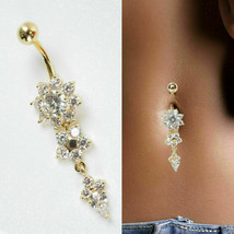 Navel Belly Button Ring Simulated Diamond Dangle Barbell 14K Yellow Gold Plated - £74.33 GBP