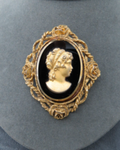 Vintage Glass Cameo Pendant Brooch 2.5&quot; Fancy Frame Rose Flowers Gold To... - $32.99