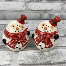 Snowman Salt and Pepper Shakers Red Scarves And Top Hats Round Ceramic - £8.96 GBP