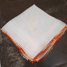 VTG Embroidered Handkerchief White Flowers Orange Crochet Border Pocket Scarf - £9.03 GBP