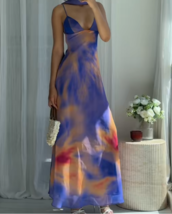 ZARA BNWT 2025. BLUE ORANGE LONG TYE DIE PRINT SCARF DRESS STRAPS. 8221/... - $107.17