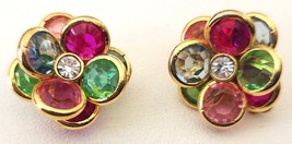 Vintage Bezel Set Clip on Earrings Gold Tone Floral Flower Pastel Crystals 1&quot; - £15.99 GBP