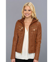 Women Brown Biker Hoodie Quilted Arms Two Front Pockets Genuine Leather Jacket - $156.79