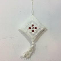 Handmande Hardanger Embroidered White Red Tassel Christmas Tree Ornament - $22.99