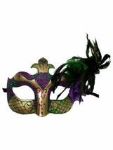 Gold Purple Green Mardi Gras Feather Flower Masquerade Mask - £10.91 GBP