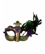 Gold Purple Green Mardi Gras Feather Flower Masquerade Mask - £10.67 GBP