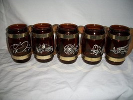 Vintage Set 5 Siesta Ware Amber Glass Country Western Cowboy Themed Mugs - £55.37 GBP