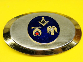 Masonic Belt Buckle Brass Tone Blue Lacquer Freemasons Symbols Vintage - £23.34 GBP