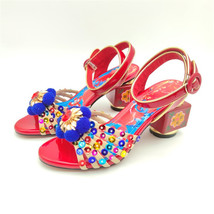 Women Sandals Buckle Vintage Color Printed Leather Ladies Shoes Summer Flower Rh - £79.88 GBP