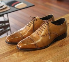 Men&#39;s Natural Leather Tan Color Oxford Cap Toe Office Lace up Handmade S... - £124.59 GBP