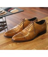 Men&#39;s Natural Leather Tan Color Oxford Cap Toe Office Lace up Handmade S... - $159.00