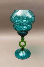Empoli Italy MCM Peacock Teal Green Glass Draped Optic Footed Compote Bowl Vase - £320.51 GBP