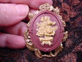 (cm65-2) Flowers Flower Tulip Mums Burgundy Cameo Pin Pendant Jewelry Necklace - £25.73 GBP