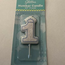 Birthday Party Cake Number Candle 1 Silver Glitter &amp; Blue Border - $2.85