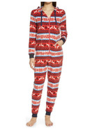 Women’s Microfleece Hooded Jumpsuit Pajamas Red Fair Isle Reindeer Jumps... - $24.75