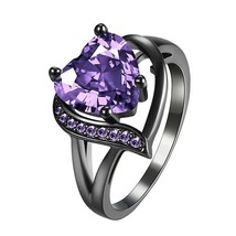 Purple Cubic Zirconia Heart Solitaire Ring Black Stainless Steel Promise Band - £12.78 GBP