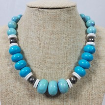 Vintage Necklace Statement 18 Inch Beaded Blue White Gold Tone - $14.50