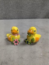 Lot of 2 Hand Painted Yellow Ceramic Easter Ducks Ducklings With Flowers - £9.43 GBP