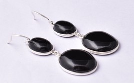 925 Argent Sterling Noir Onyx Pierre Précieuse Fait à la Main Boucles Elle - £51.06 GBP