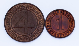 1923-1932 Deutschland 1 &amp; 4 Rentenpfennig Menge (2 Münzen) Km #30 , 75 - £58.30 GBP