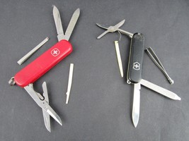 Vintage Wenger Delemont & Victorinox Swiss Army Knife Lot x2 Red Black Tools - $37.39