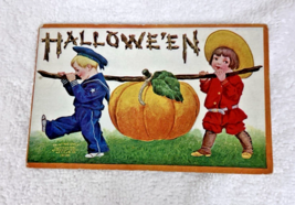 1908 Halloween Postcard 2 Kids w Pumpkin on Stick Has Been Sent - $24.26