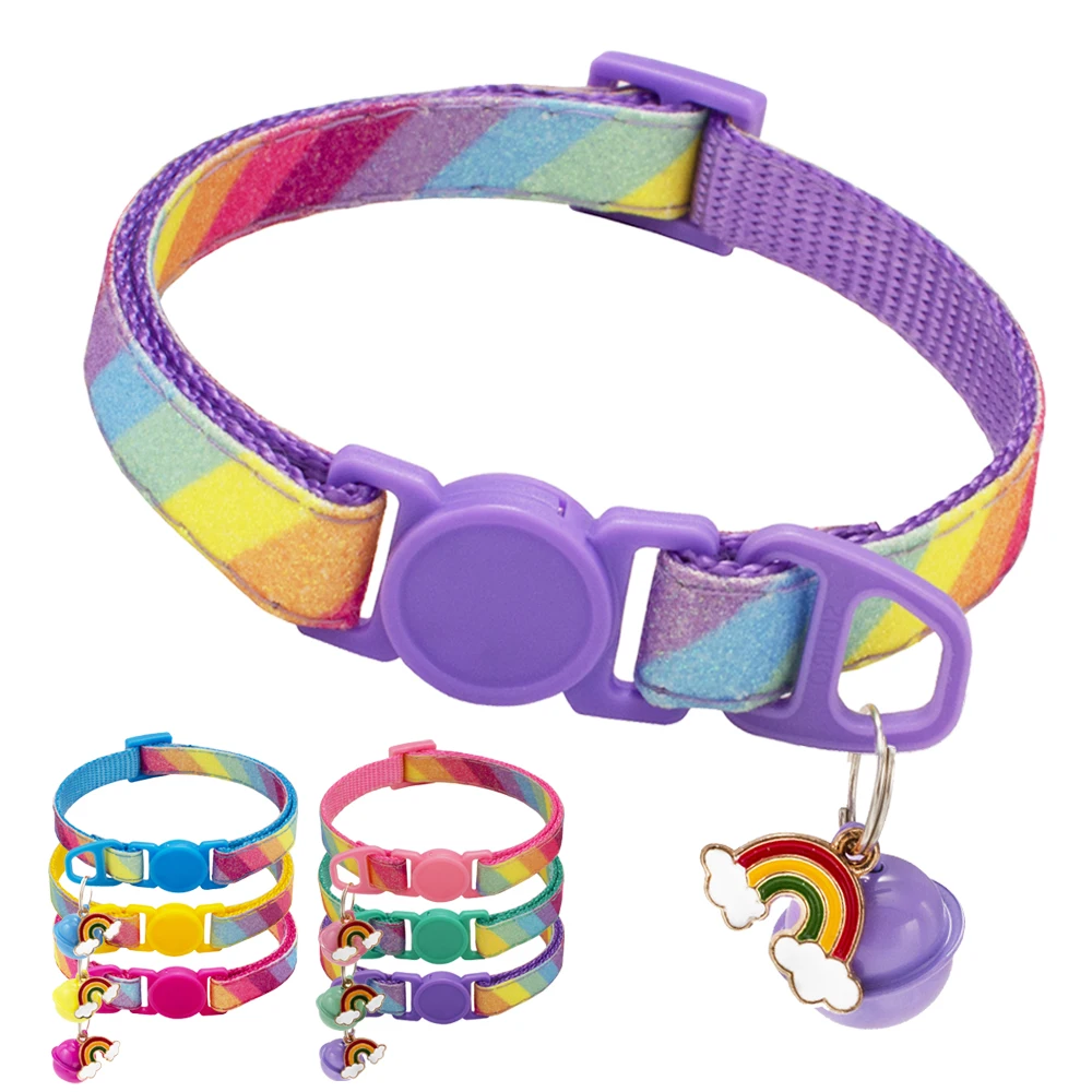 Rainbow Cat Collar with Bell Glitter Nylon Macaron Rainbow Flea Quick Release - $7.93