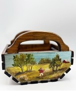 Vintage Wooden Slat Basket w/ Handles Hand Painted Outdoor Farm Scene Da... - $40.96 CAD