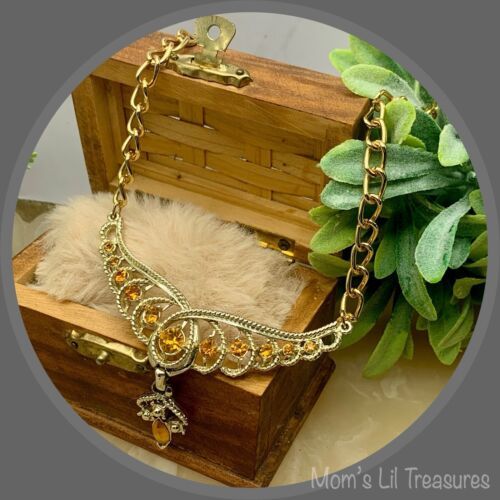 Primary image for Vintage Gold Tone Chain Necklace Amber Golden Rhinestones Accented Pendant