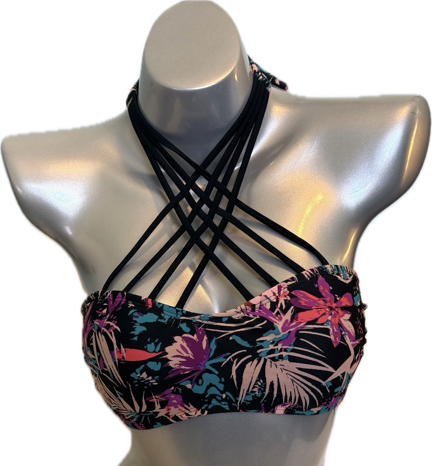 Hula Honey Bikini Swimsuit Top Size Large Pink Black Strappy Tropical Sp... - $19.80