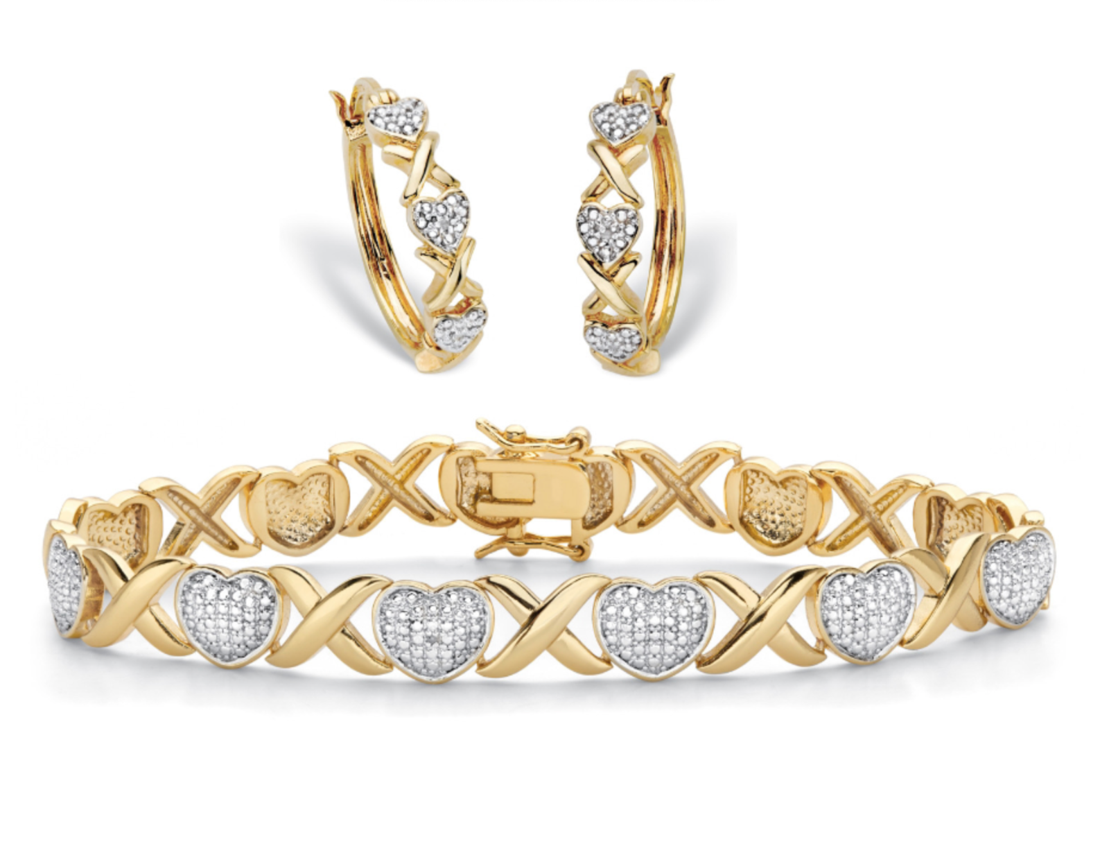 Primary image for DIAMOND ACCENT 18K GOLD HEARTS X&O HOOP EARRINGS BRACELET RING GP SET