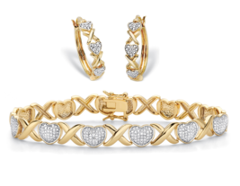 DIAMOND ACCENT 18K GOLD HEARTS X&amp;O HOOP EARRINGS BRACELET RING GP SET - £235.36 GBP