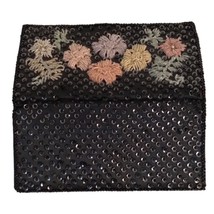 Vintage Black Sequin Clutch Purse with Green Pink Yellow Flowers - £9.33 GBP