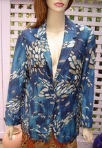 COLDWATER CREEK Blue/Beige Animal Print Linen Blend Jacket w/ Pockets (S... - $24.40