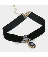 EleganceWithFlair Deep Navy Crystal teardrop pendant velvet choker necklace - $171.06 MXN