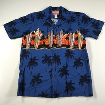 RJC Hawaiian Shirt Mens M Blue Black Palms Surfboards Surfing Button Down USA - £11.23 GBP