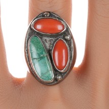 sz10 Heavy vintage Navajo sterling, turquoise and coral ring - £245.12 GBP