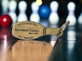 Bowlmor Lanes New York City Brass Advertising Bowling Pin Keychain Vintage - $18.58
