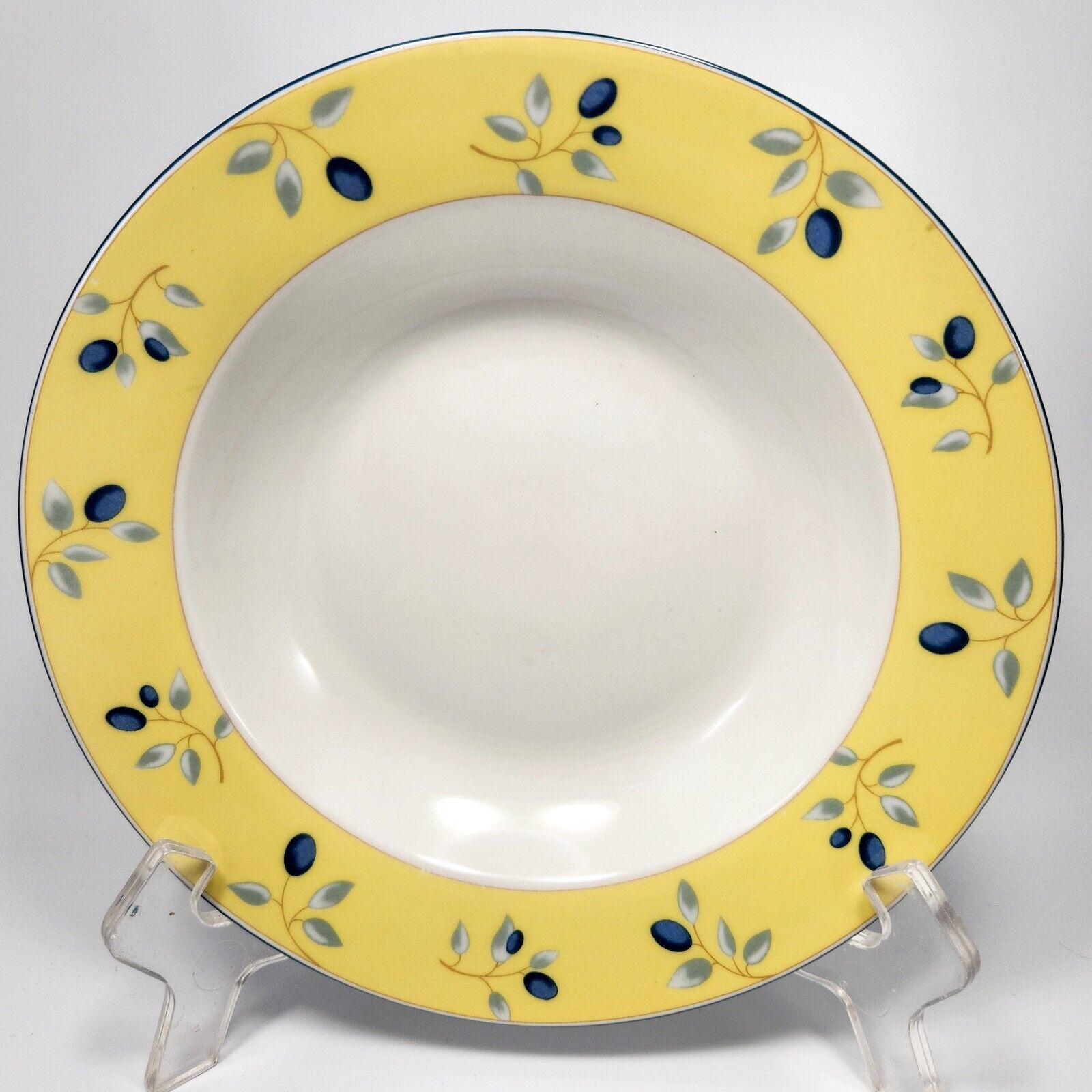 Primary image for Royal Doulton Blueberry Rimmed Soup Bowl 8.5 in Pasta Yellow Blue White