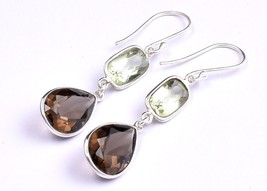 Handcrafted Natural Peridot, Smoky Gemstone Sterling Silver Dangle Drop Earrings - £35.52 GBP+