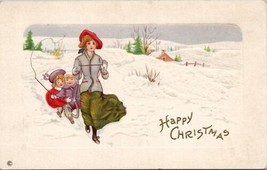 Christmas Snow Scene Mother Pulling Children on Sled Embossed Postcard T15 - $4.95
