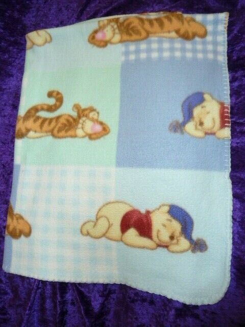 Disney Baby Blanket Winnie Pooh Tigger Sleeping Blue Patchwork Fleece Squares