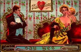 Embossed Vintage POSTCARD-VALENTINE Say YES-CHERUB Whispering In Woman&#39;s Ear Bkc - £2.37 GBP