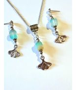 green blue Agate silver Ginko jewelry set necklace Ginko earrings boho a... - $49.00
