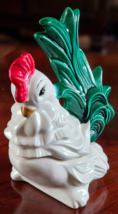 Vintage Rooster Candy Dish Ceramic White with Green Tail Feathers - £15.54 GBP