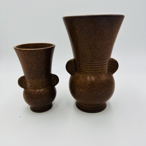 Mid Century Modern McCoy Vase Pair Art Deco Speckled Brown Vintage Brush... - $58.50