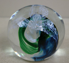 Jerpoint Studios Ireland Art Glass Paperweight Blue Green Swirl White Flower - £22.71 GBP