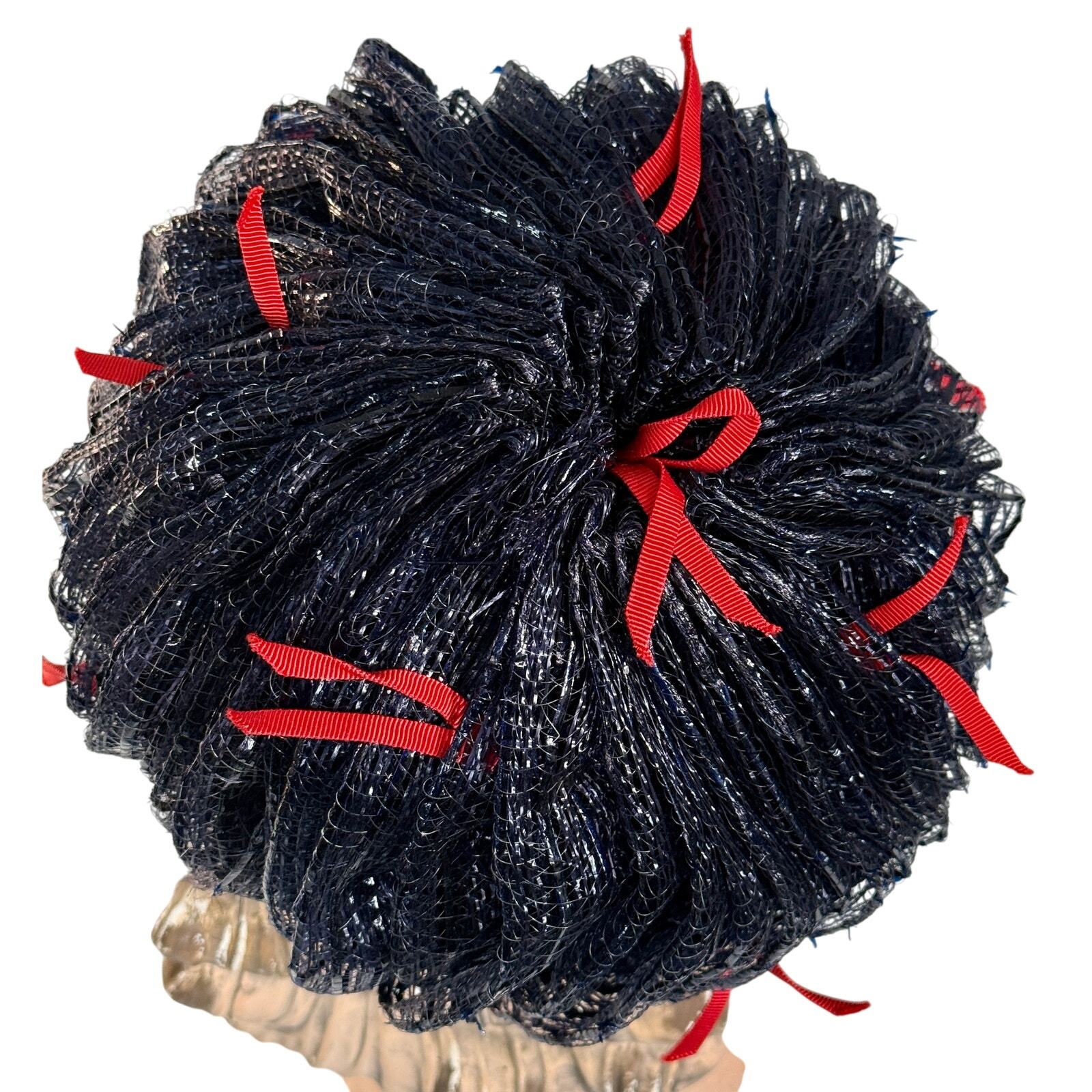 60s Womens Hat Bellini Blue Cellophane Straw Bubble Hat Red Ribbon Accen... - $64.35